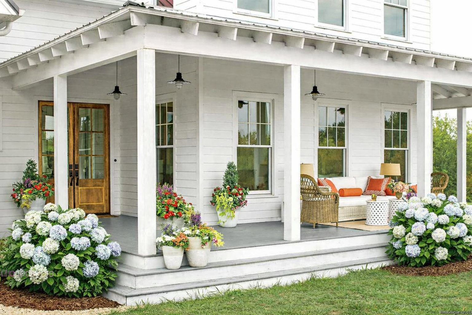 charming farmhouse porch with vibrant blooms